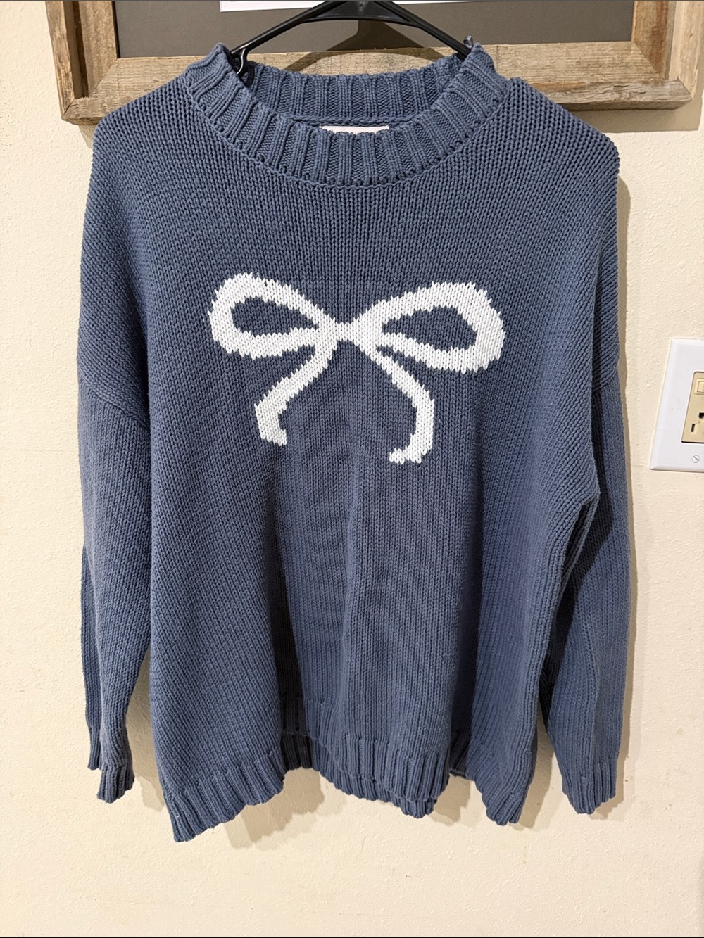 Sincerly Jules Slate Blue Oversized Knit Crewneck Sweater with White Bow